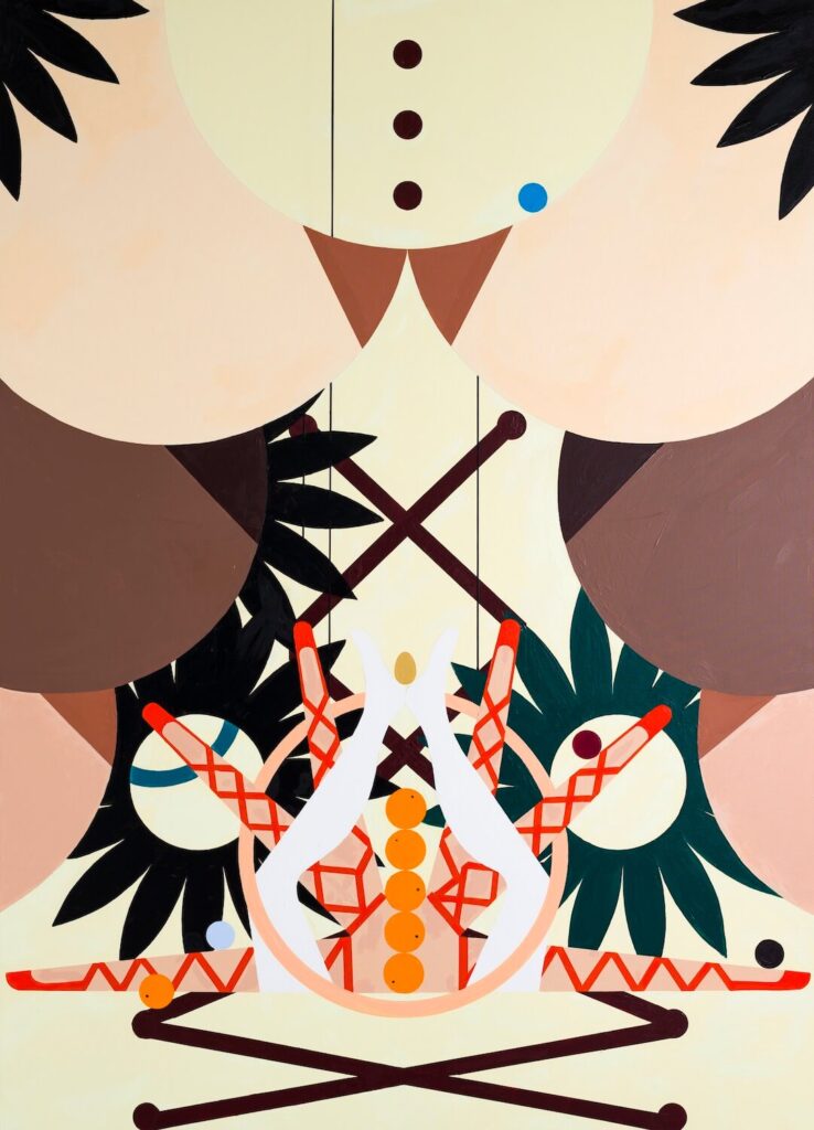 Francois Ghebaly Gallery Farah Atassi Mechanical Cabaret 2 2023. Oil and enamel on canvas 98.5 x 70.75 inches