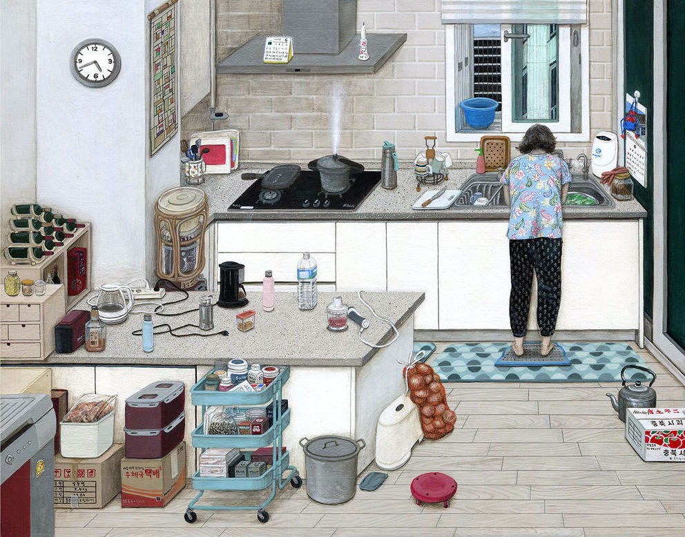 Hammer Museum Paige Jiyoung Moon Mom in the Kitchen 2016 Acrylic on wood panel. 11 × 14 in. 27.9 × 35.6 cm. Courtesy of the artist and Steve Turner Los Angeles